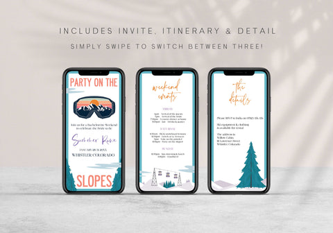 Fully editable mobile bachelorette weekend invitation  with a ski slopes design. Perfect for a aspen ski slopes bachelorette themed party
