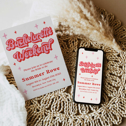 Retro 70s bachelorette party bundle including 40 editable games, invitations, and welcome signs