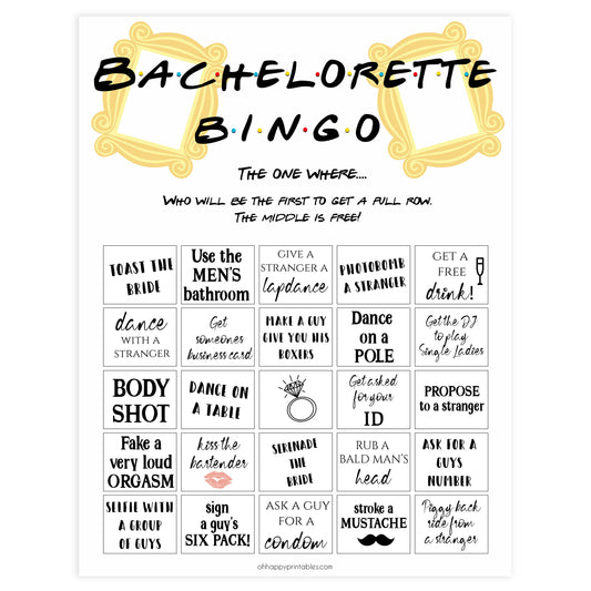 bachelorette bingo, adult bingo game, Printable bachelorette games, friends bachelorette, friends hen party games, fun hen party games, bachelorette game ideas, friends adult party games, naughty hen games, naughty bachelorette games