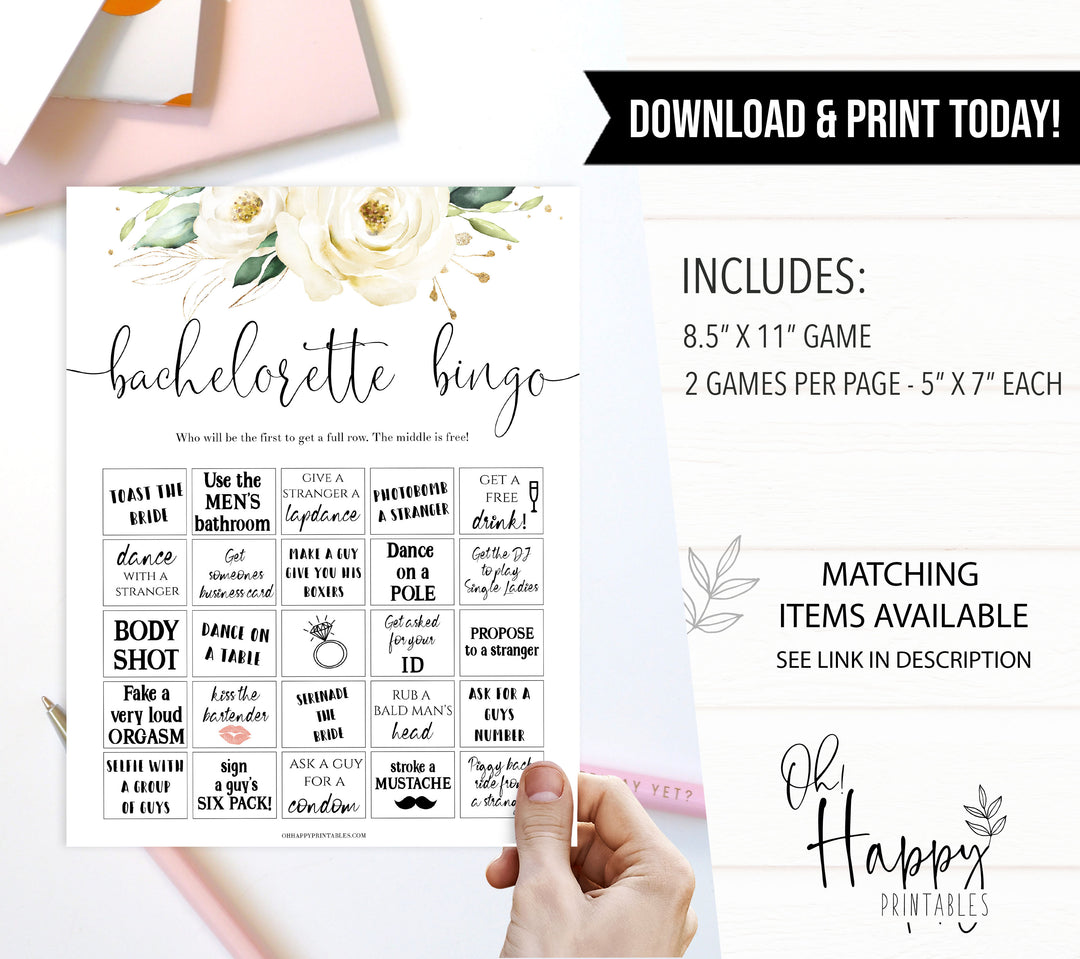 bachelorette party bingo game, party bingo, Printable bachelorette games, floral bachelorette, floral hen party games, fun hen party games, bachelorette game ideas, floral adult party games, naughty hen games, naughty bachelorette games
