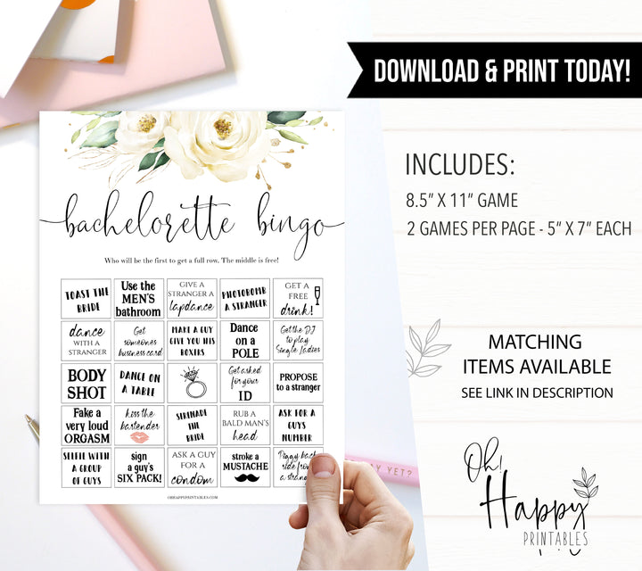 bachelorette party bingo game, party bingo, Printable bachelorette games, floral bachelorette, floral hen party games, fun hen party games, bachelorette game ideas, floral adult party games, naughty hen games, naughty bachelorette games