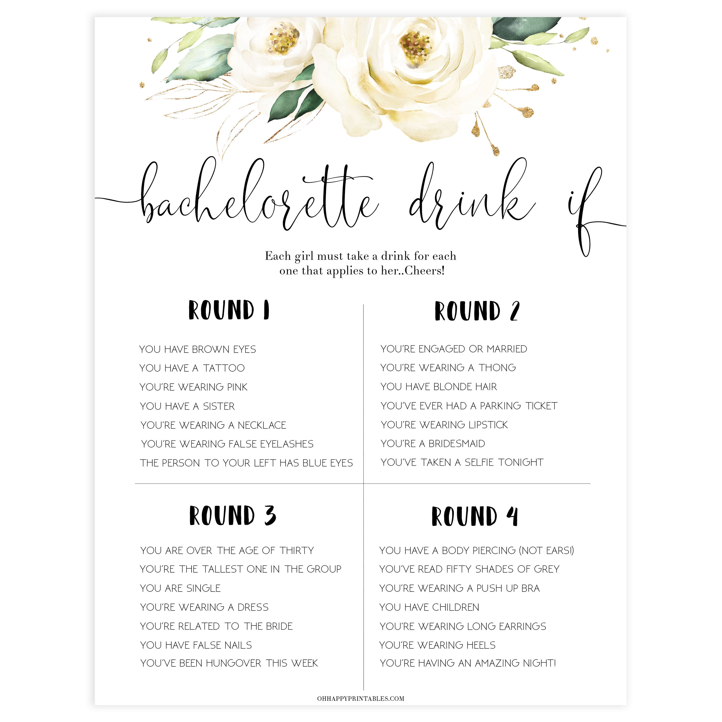 bachelorette drink if game, drink if game, Printable bachelorette games, floral bachelorette, floral hen party games, fun hen party games, bachelorette game ideas, floral adult party games, naughty hen games, naughty bachelorette games