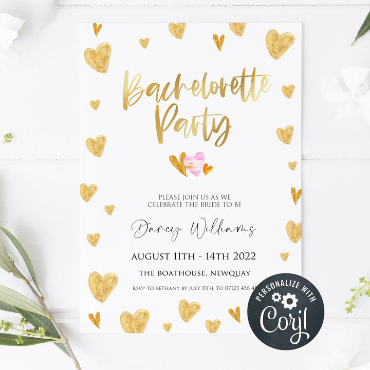 gold hearts bridal shower invitations, printable bridal shower invites, editable bridal shower invitations, bachelorette party invites, hen party invitations
