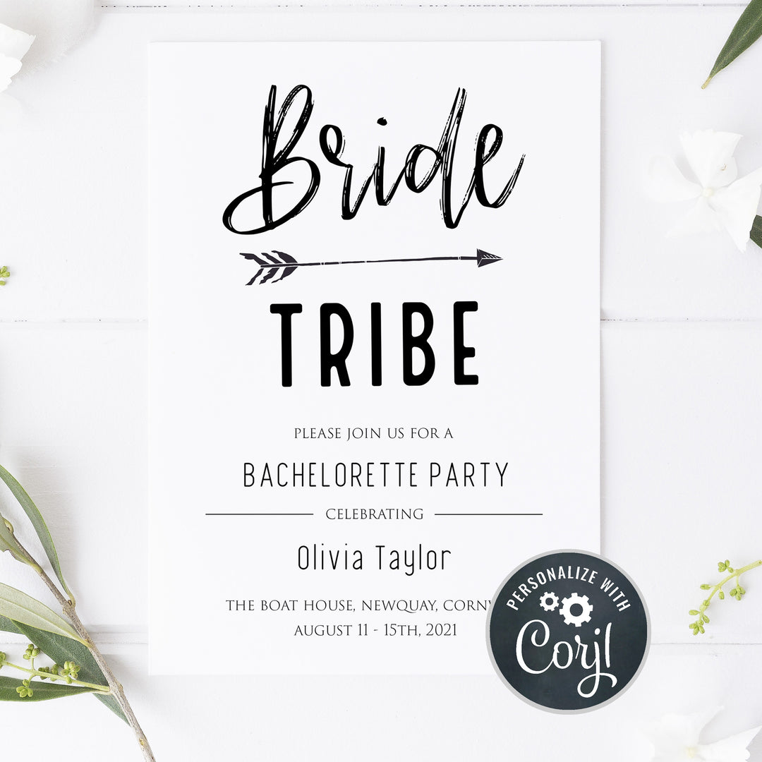 bride tribe bachelorette invitations, printable bachelorette invitations, editable bachelorette invitations, bride tribe bridal theme