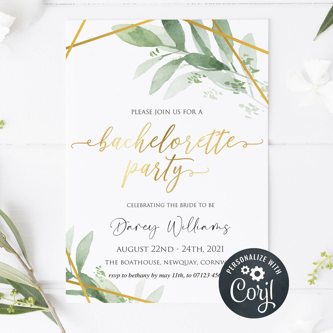 EDITABLE Bachelorette Party Invitation - Gold Greenery