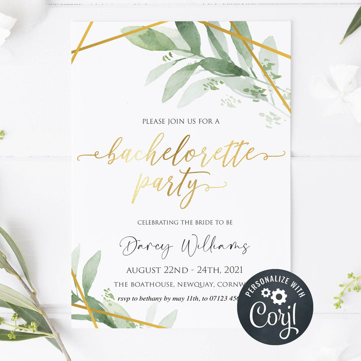 EDITABLE Bachelorette Party Invitation - Gold Greenery