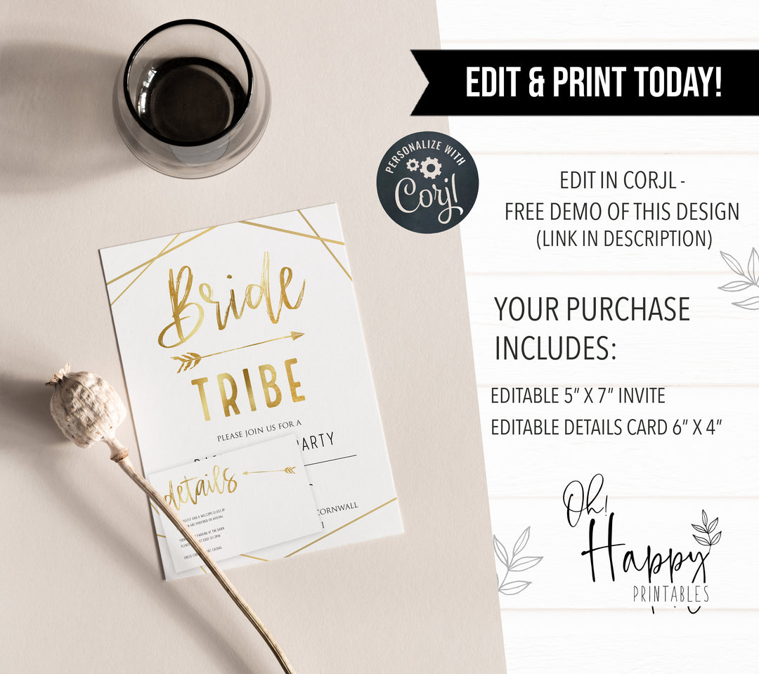 bride tribe bachelorette invitations, printable bachelorette invitations, editable bachelorette invitations, bride tribe bridal theme