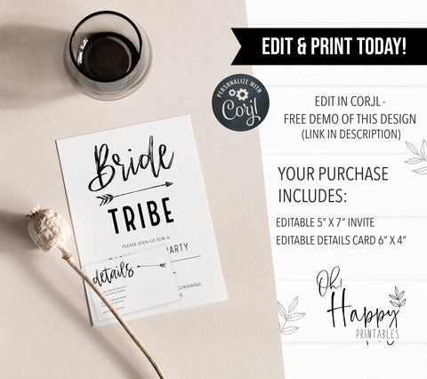 bride tribe bachelorette invitations, printable bachelorette invitations, editable bachelorette invitations, bride tribe bridal theme