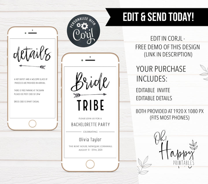 bride tribe bachelorette invitations, printable bachelorette invitations, editable bachelorette invitations, bride tribe bridal theme