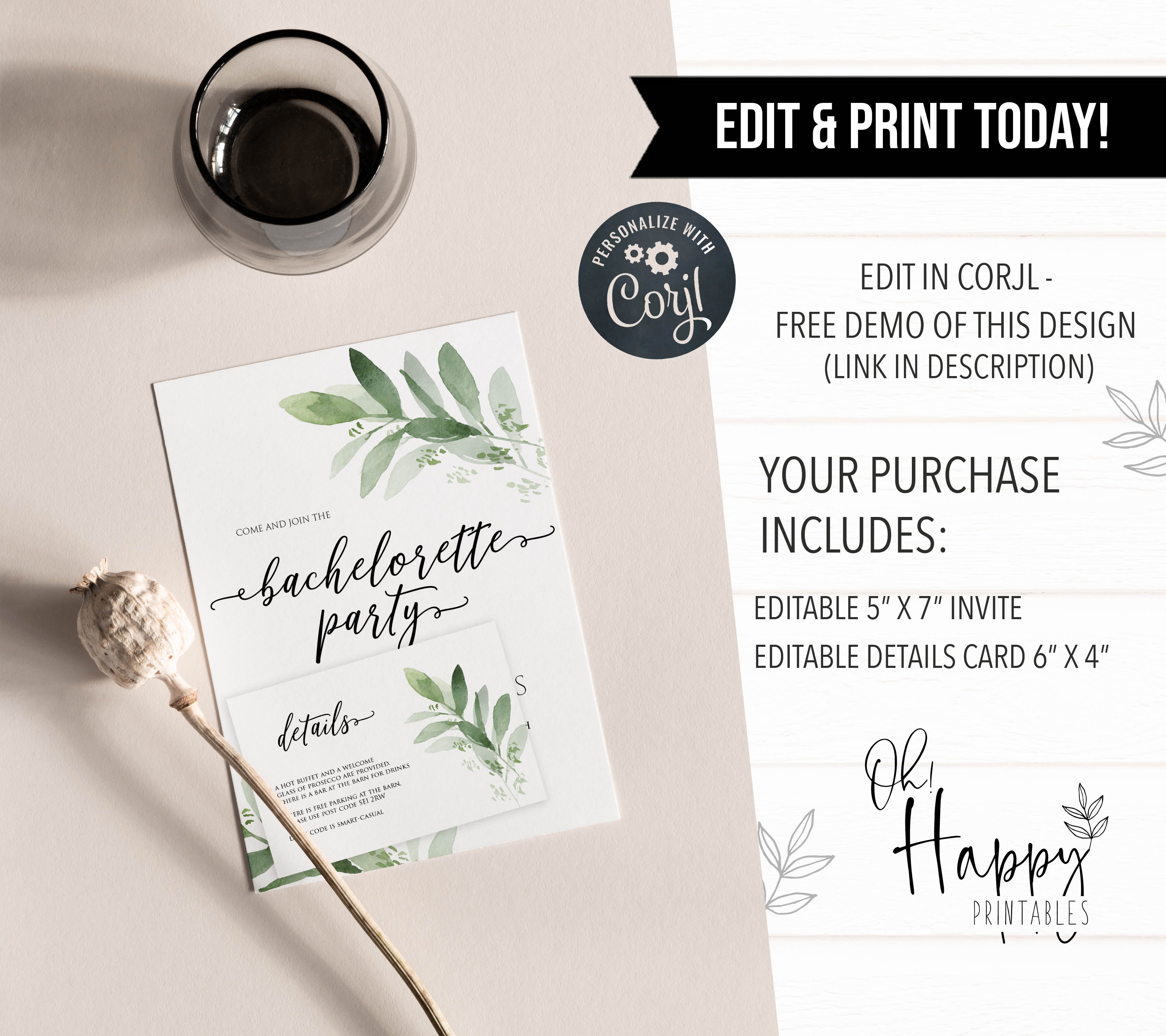 bachelorette party invite, greenery bridal shower invite, mobile invites, editable bridal shower invite, corjl bridal invite, bachelorette party invite