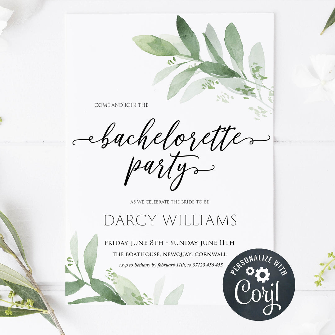 bachelorette party invite, greenery bridal shower invite, mobile invites, editable bridal shower invite, corjl bridal invite, bachelorette party invite
