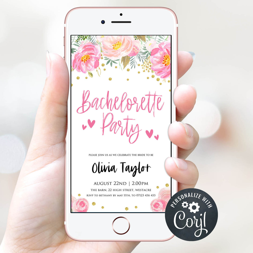 bachelorette party mobile invitation, bridal shower invitation, blush gold bridal shower, gold bachelorette invite