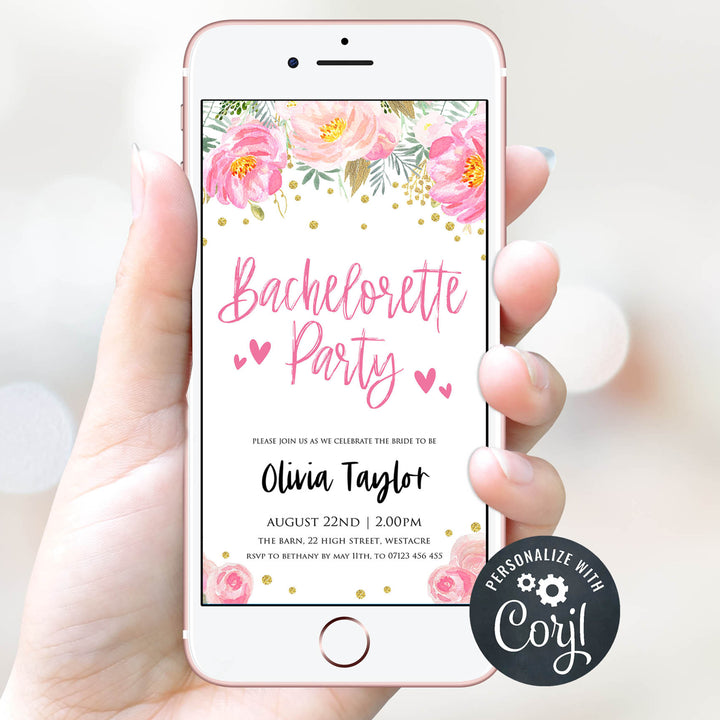 bachelorette party mobile invitation, bridal shower invitation, blush gold bridal shower, gold bachelorette invite