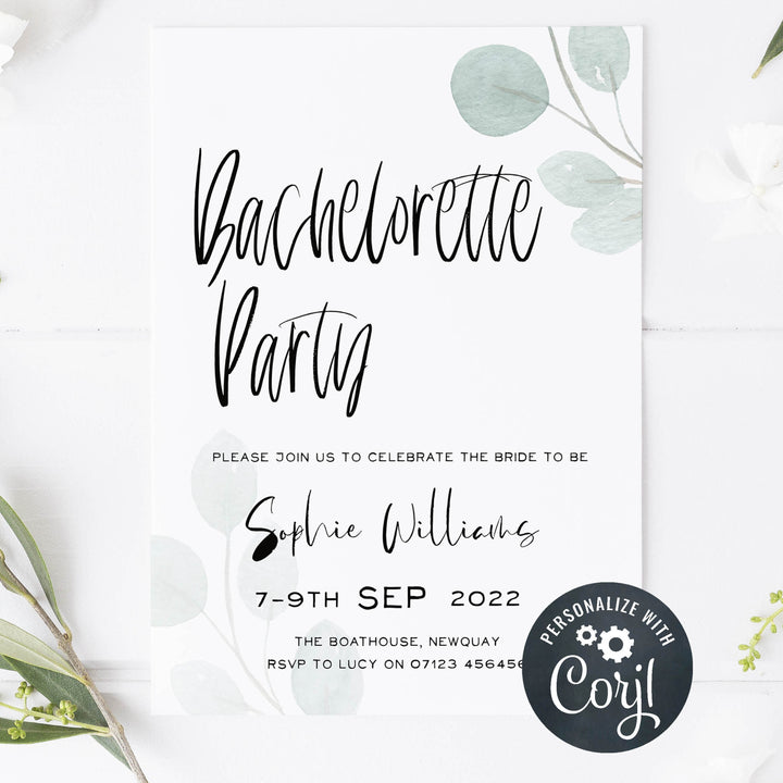 editable bridal shower invitations, printable bridal shower invitations, eucalyptus bridal shower, bachelorette invitations, hen party invites