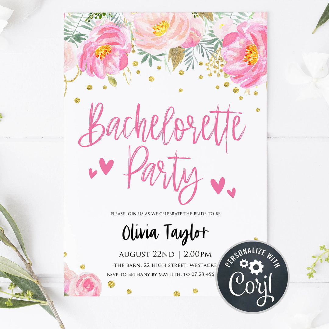 blush gold bachelorette invitation, editable bridal shower invitations, corjl invite, bachelorette party invite, floral bridal invite