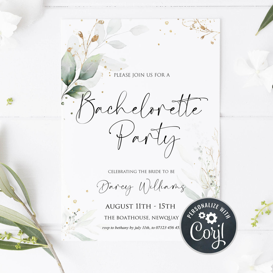 bachelorette Party Invitations, editable bridal shower invitations, printable bridal shower invites, floral bachelorette invites, hen party invitations, gold floral bridal invitations
