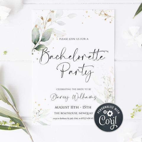 bachelorette Party Invitations, editable bridal shower invitations, printable bridal shower invites, floral bachelorette invites, hen party invitations, gold floral bridal invitations