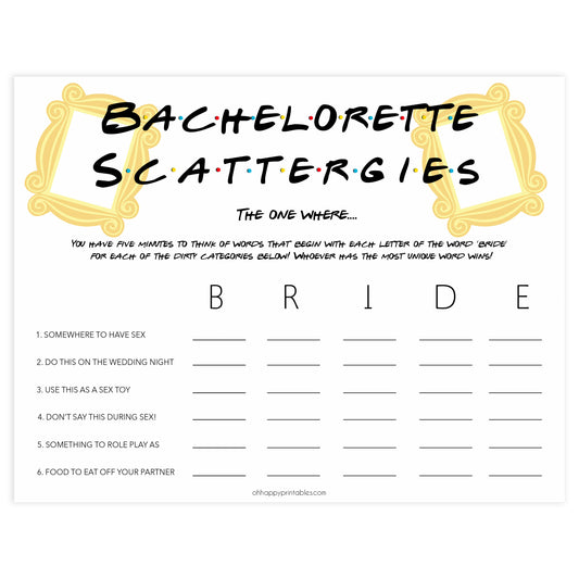 bachelorette scattergories game, Printable bachelorette games, friends bachelorette, friends hen party games, fun hen party games, bachelorette game ideas, friends adult party games, naughty hen games, naughty bachelorette games