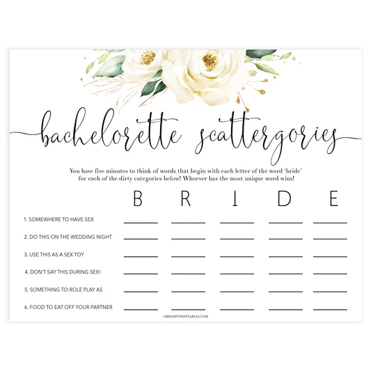 dirty scattergories game, Printable bachelorette games, floral bachelorette, floral hen party games, fun hen party games, bachelorette game ideas, floral adult party games, naughty hen games, naughty bachelorette games