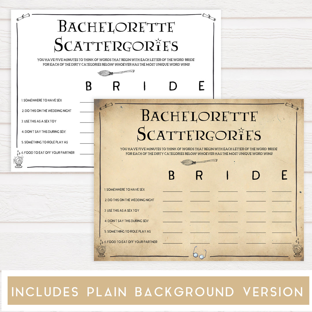 bachelorette scattergories game, bridal scattergories, Printable bachelorette games, Harry Potter bachelorette, Harry Potter hen party games, fun hen party games, bachelorette game ideas, Harry Potter adult party games, naughty hen games, naughty bachelorette games