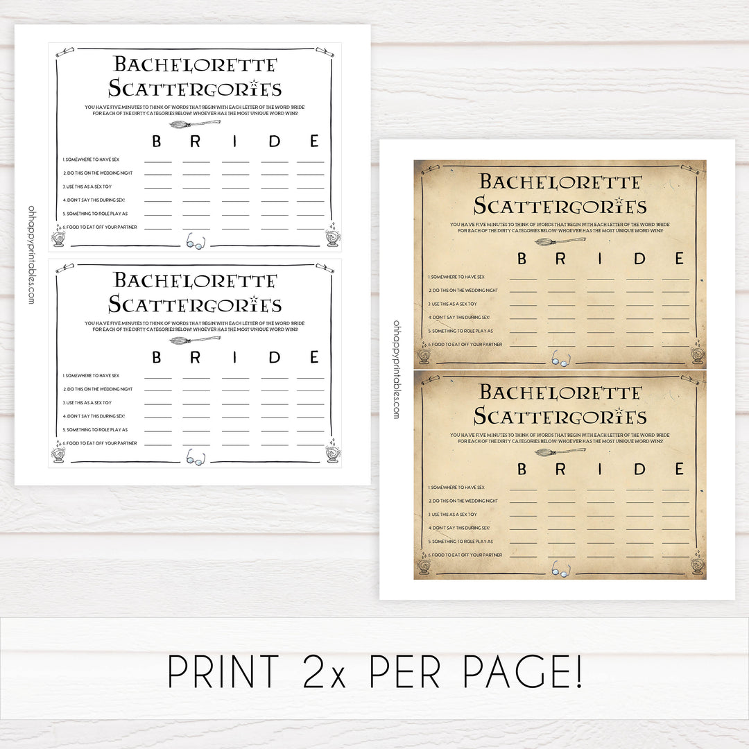bachelorette scattergories game, bridal scattergories, Printable bachelorette games, Harry Potter bachelorette, Harry Potter hen party games, fun hen party games, bachelorette game ideas, Harry Potter adult party games, naughty hen games, naughty bachelorette games