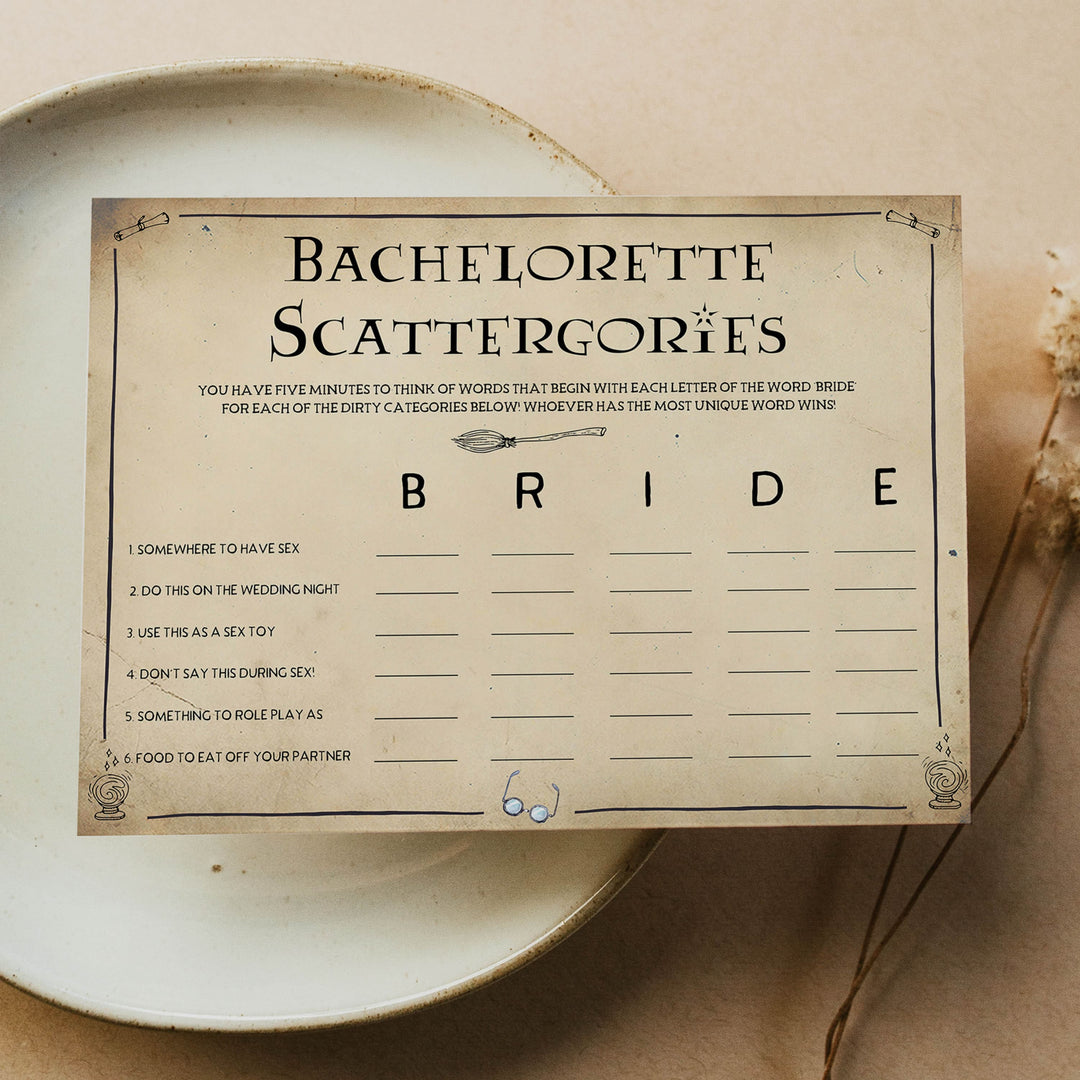 bachelorette scattergories game, bridal scattergories, Printable bachelorette games, Harry Potter bachelorette, Harry Potter hen party games, fun hen party games, bachelorette game ideas, Harry Potter adult party games, naughty hen games, naughty bachelorette games