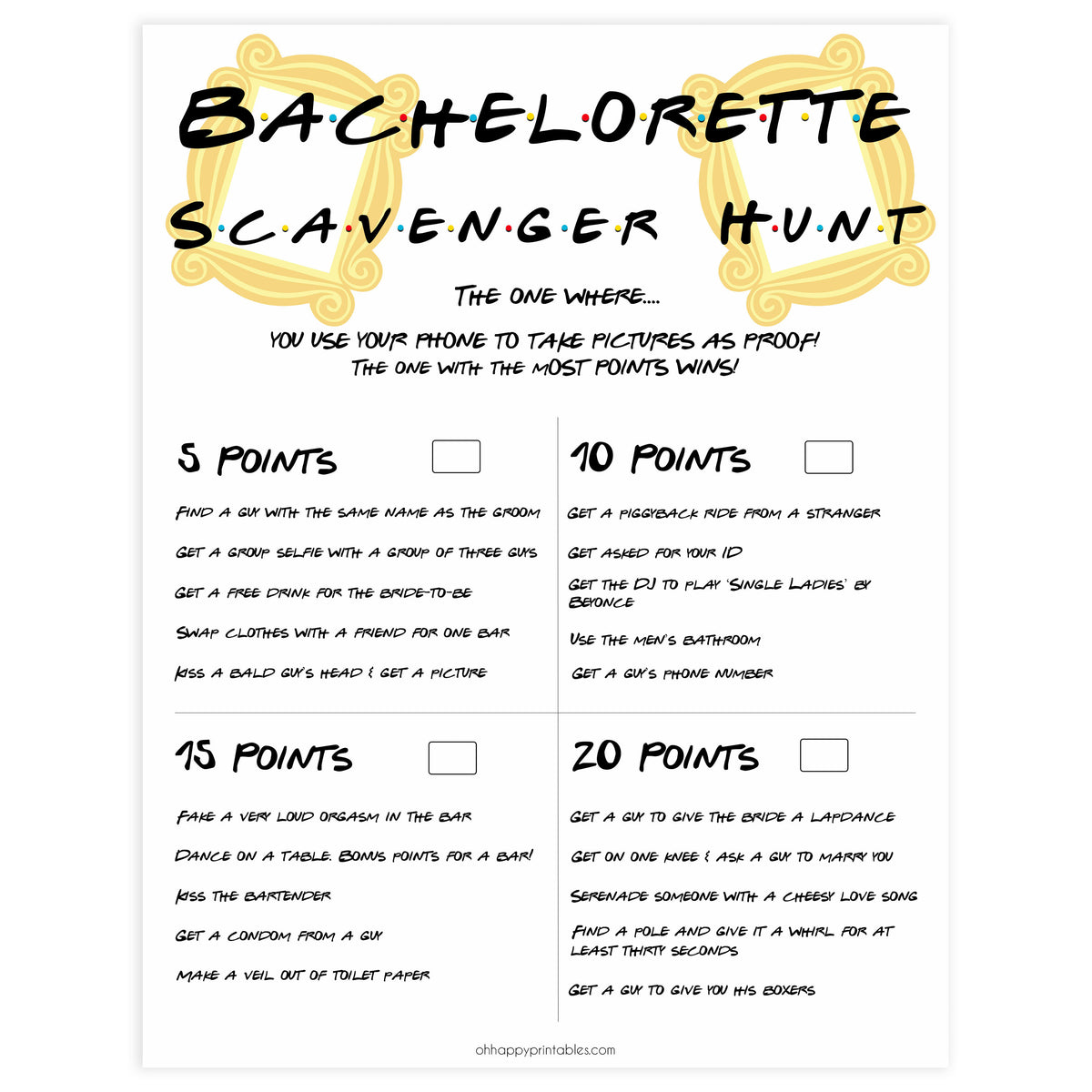 bachelorette scavenger hunt, scavenger hunt game, Printable bachelorette games, friends bachelorette, friends hen party games, fun hen party games, bachelorette game ideas, friends adult party games, naughty hen games, naughty bachelorette games