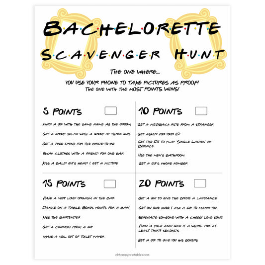 bachelorette scavenger hunt, scavenger hunt game, Printable bachelorette games, friends bachelorette, friends hen party games, fun hen party games, bachelorette game ideas, friends adult party games, naughty hen games, naughty bachelorette games