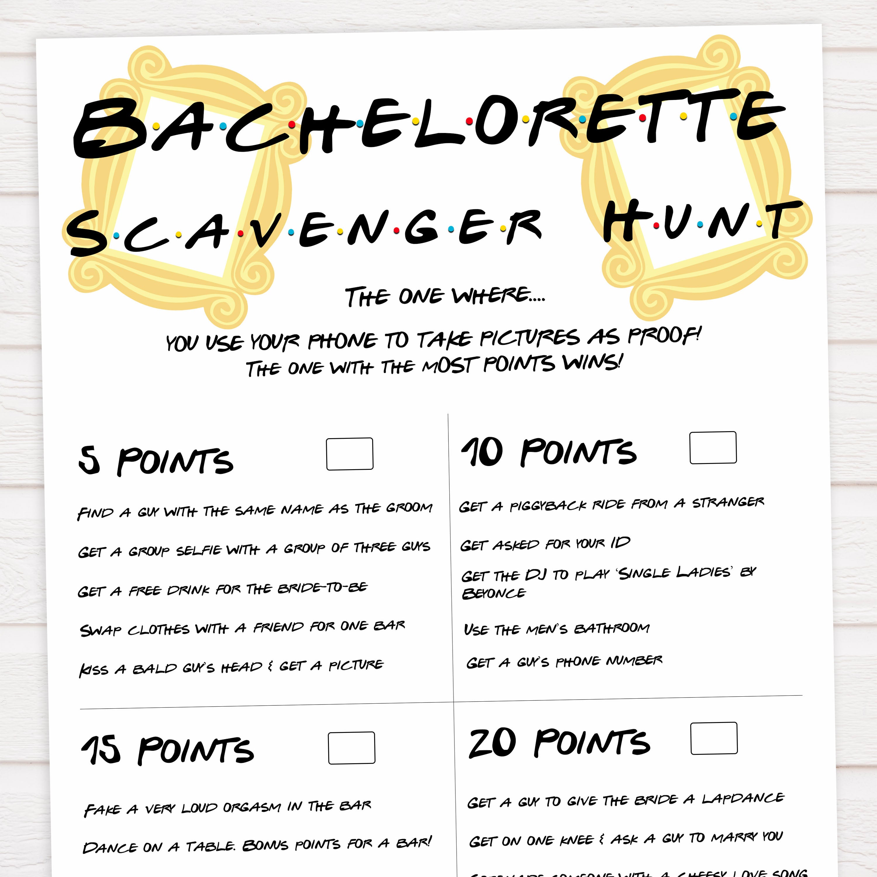 bachelorette scavenger hunt, scavenger hunt game, Printable bachelorette games, friends bachelorette, friends hen party games, fun hen party games, bachelorette game ideas, friends adult party games, naughty hen games, naughty bachelorette games