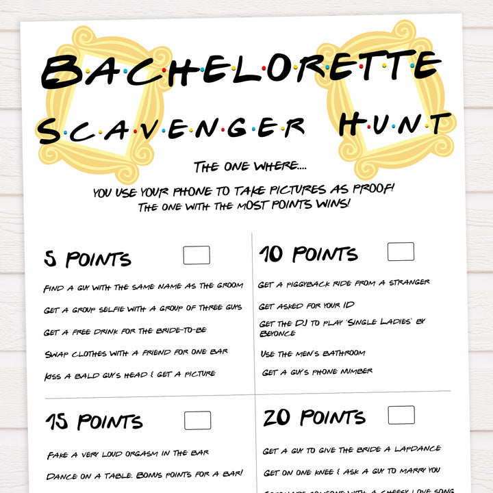bachelorette scavenger hunt, scavenger hunt game, Printable bachelorette games, friends bachelorette, friends hen party games, fun hen party games, bachelorette game ideas, friends adult party games, naughty hen games, naughty bachelorette games