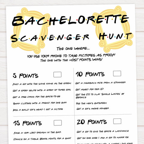 bachelorette scavenger hunt, scavenger hunt game, Printable bachelorette games, friends bachelorette, friends hen party games, fun hen party games, bachelorette game ideas, friends adult party games, naughty hen games, naughty bachelorette games