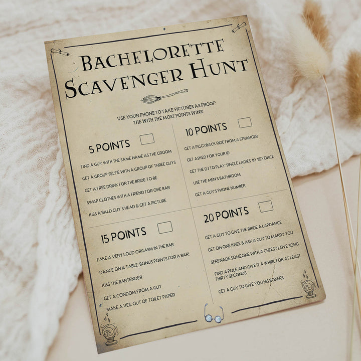 bachelorette scavenger hunt game, bridal scavenger hunt, Printable bachelorette games, Harry Potter bachelorette, Harry Potter hen party games, fun hen party games, bachelorette game ideas, Harry Potter adult party games, naughty hen games, naughty bachelorette games