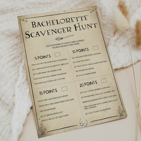 bachelorette scavenger hunt game, bridal scavenger hunt, Printable bachelorette games, Harry Potter bachelorette, Harry Potter hen party games, fun hen party games, bachelorette game ideas, Harry Potter adult party games, naughty hen games, naughty bachelorette games
