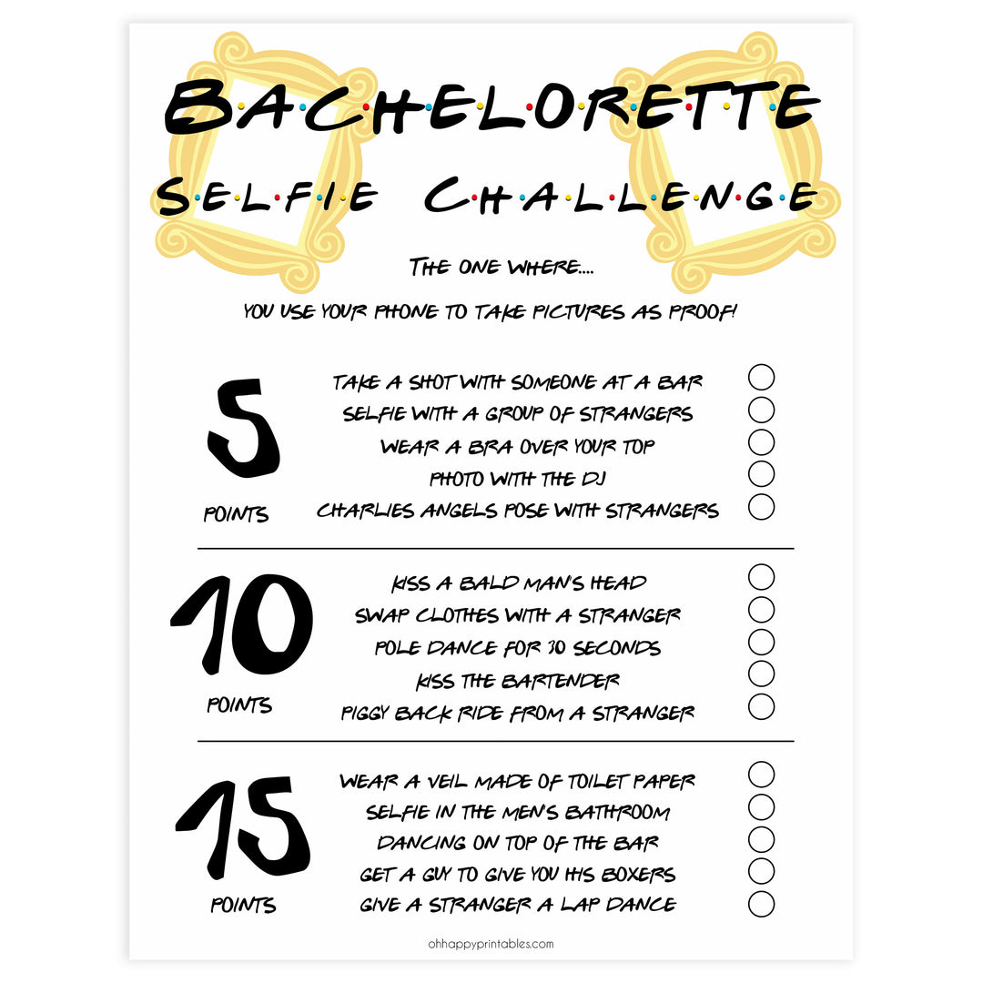 bachelorette selfie challenges, selfie challenge game, Printable bachelorette games, friends bachelorette, friends hen party games, fun hen party games, bachelorette game ideas, friends adult party games, naughty hen games, naughty bachelorette games