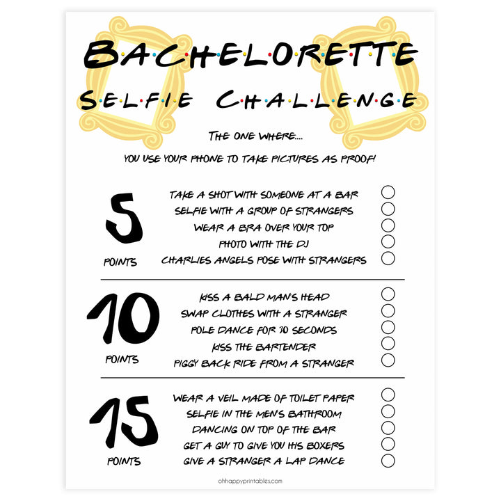 bachelorette selfie challenges, selfie challenge game, Printable bachelorette games, friends bachelorette, friends hen party games, fun hen party games, bachelorette game ideas, friends adult party games, naughty hen games, naughty bachelorette games