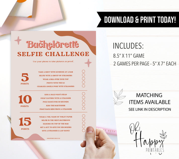 bachelorette selfie challenge game, 70s retro bridal shower, retro bridal shower games, modern 70s bridal collection, 70s bridal shower, printable bridal games