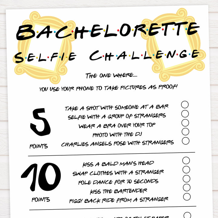 bachelorette selfie challenges, selfie challenge game, Printable bachelorette games, friends bachelorette, friends hen party games, fun hen party games, bachelorette game ideas, friends adult party games, naughty hen games, naughty bachelorette games