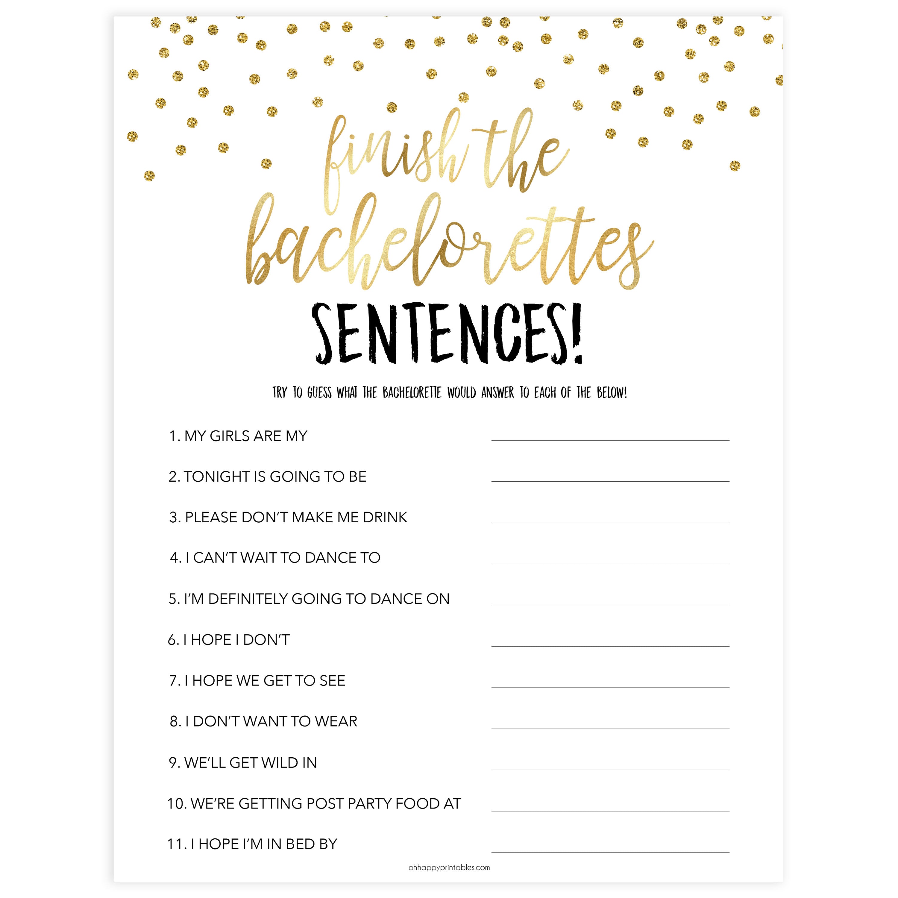 finish the bachelorette sentences game, printable bridal shower games, gold bridal shower games, bachelorette games, fun bridal shower games