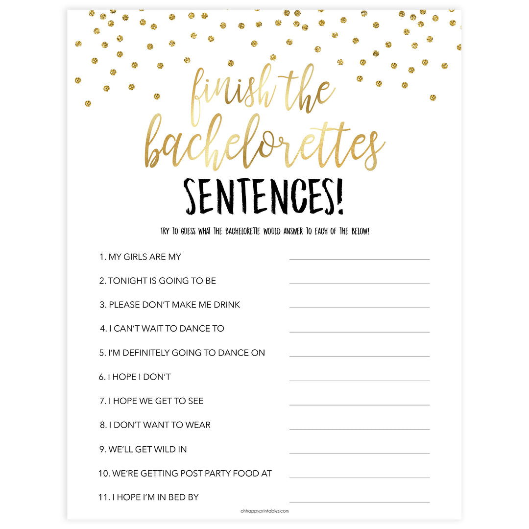 finish the bachelorette sentences game, printable bridal shower games, gold bridal shower games, bachelorette games, fun bridal shower games