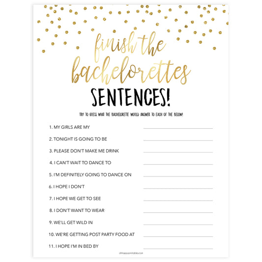 finish the bachelorette sentences game, printable bridal shower games, gold bridal shower games, bachelorette games, fun bridal shower games