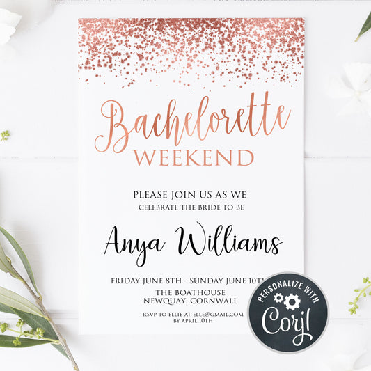 bachelorette party invite, rose gold hen party invite, editable hen party invite, corjl editable invite, cell phone bridal shower invite