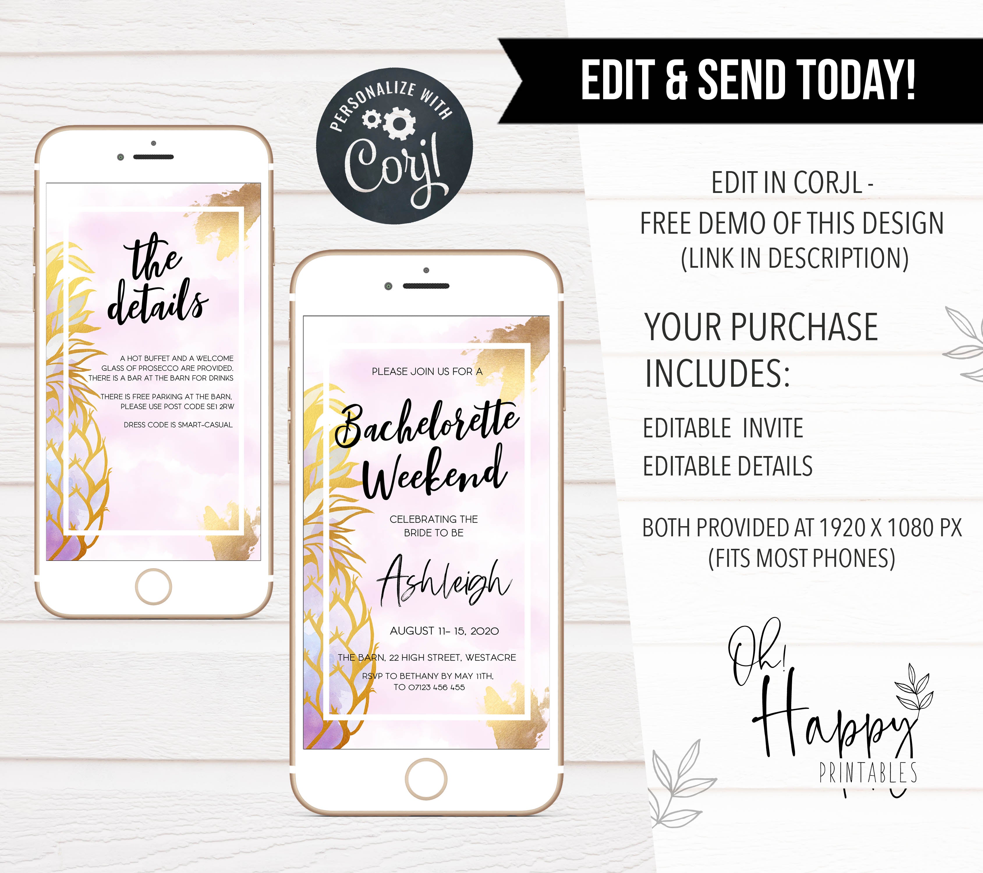 editable pineapple bachelorette weekend invitation, editable bachelorette weekend invitation, editable bridal shower invite