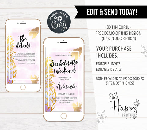 editable pineapple bachelorette weekend invitation, editable bachelorette weekend invitation, editable bridal shower invite