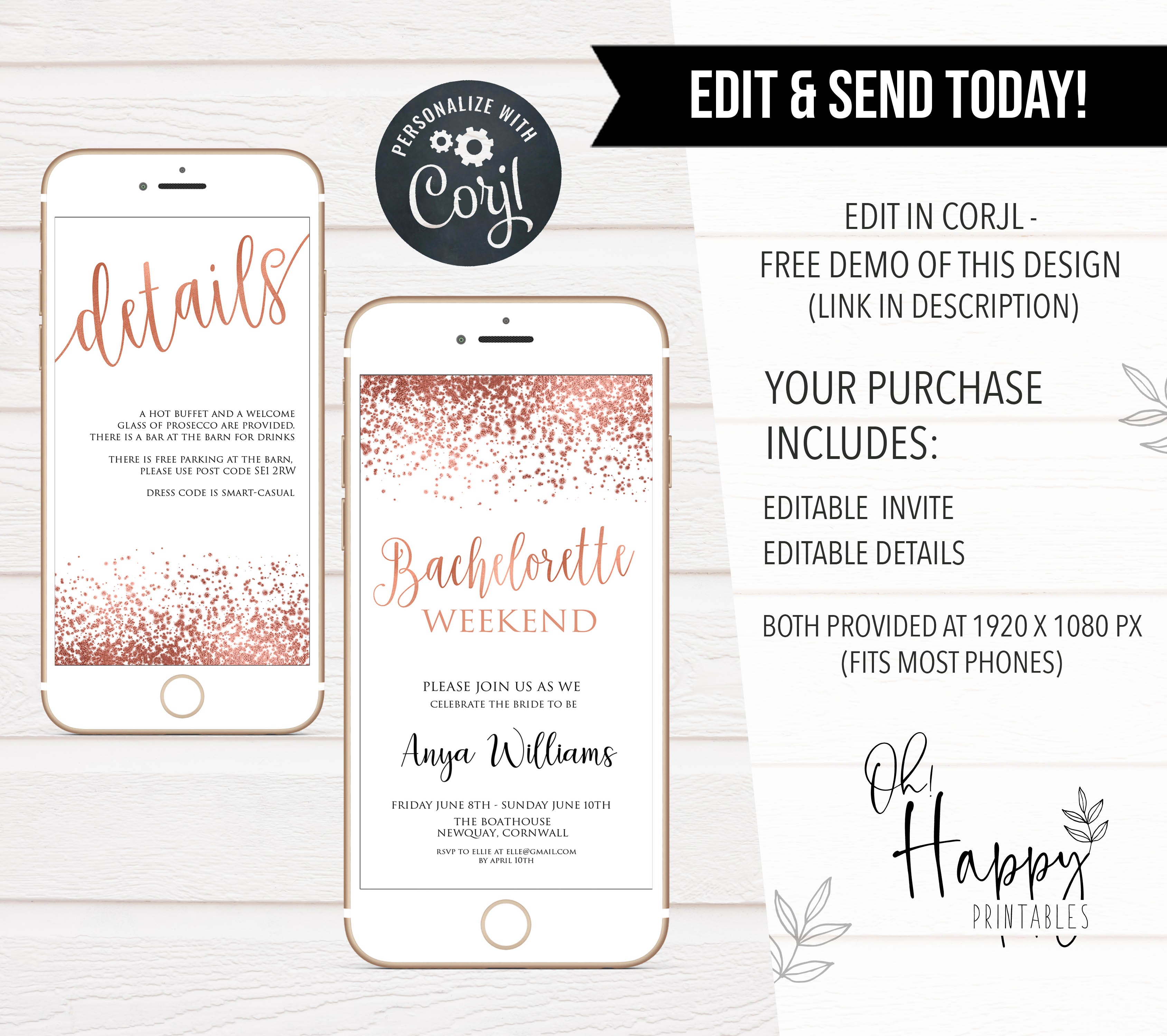 bachelorette weekend editable invite, corjl editable invite, hen party invite