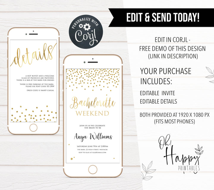 editable bachelorette party invitation, mobile bachelorette party invites, gold bachelorette invites