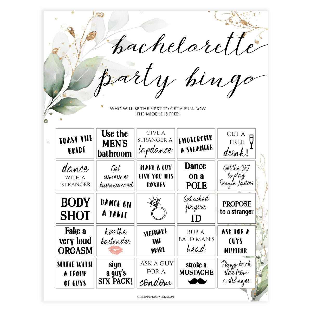 bachelorette party bingo, Printable bachelorette games, greenery bachelorette, gold leaf hen party games, fun hen party games, bachelorette game ideas, greenery adult party games, naughty hen games, naughty bachelorette games