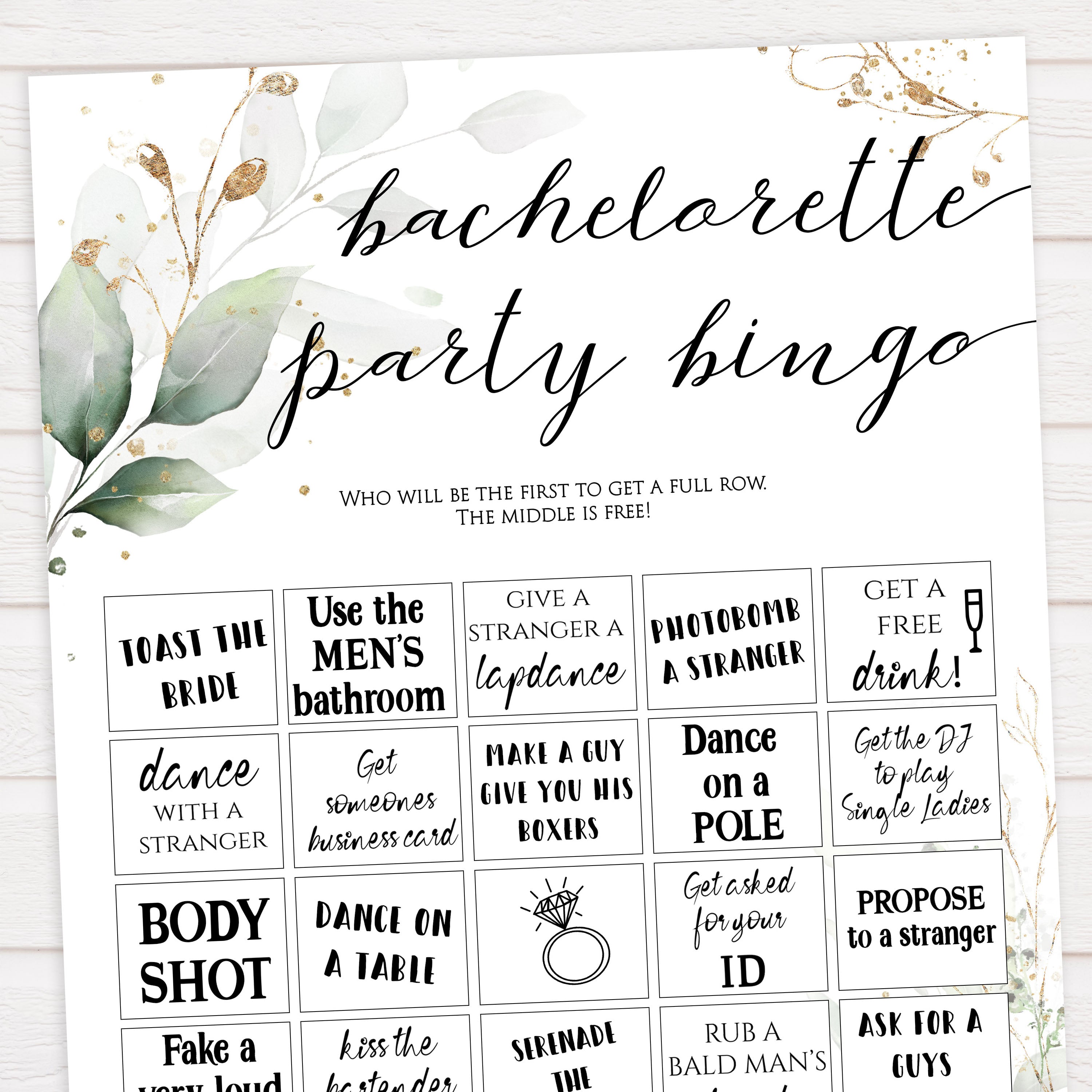 bachelorette party bingo, Printable bachelorette games, greenery bachelorette, gold leaf hen party games, fun hen party games, bachelorette game ideas, greenery adult party games, naughty hen games, naughty bachelorette games