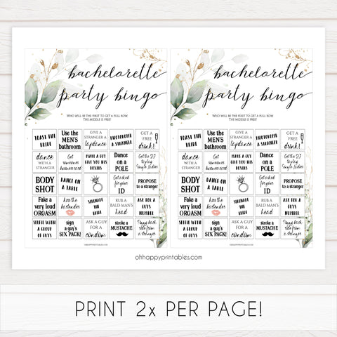 bachelorette party bingo, Printable bachelorette games, greenery bachelorette, gold leaf hen party games, fun hen party games, bachelorette game ideas, greenery adult party games, naughty hen games, naughty bachelorette games