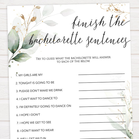 finish the bachelorette sentences, Printable bachelorette games, greenery bachelorette, gold leaf hen party games, fun hen party games, bachelorette game ideas, greenery adult party games, naughty hen games, naughty bachelorette games