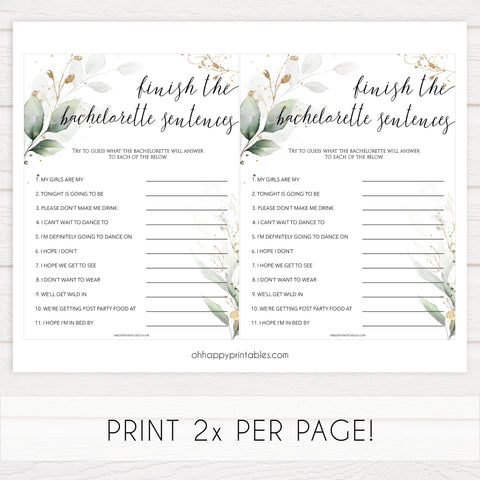 finish the bachelorette sentences, Printable bachelorette games, greenery bachelorette, gold leaf hen party games, fun hen party games, bachelorette game ideas, greenery adult party games, naughty hen games, naughty bachelorette games